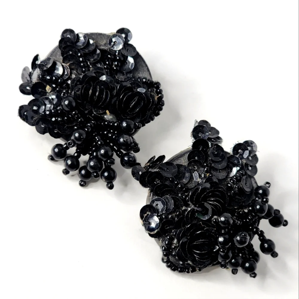Vintage 80's Black Beaded Big Applique Earrings